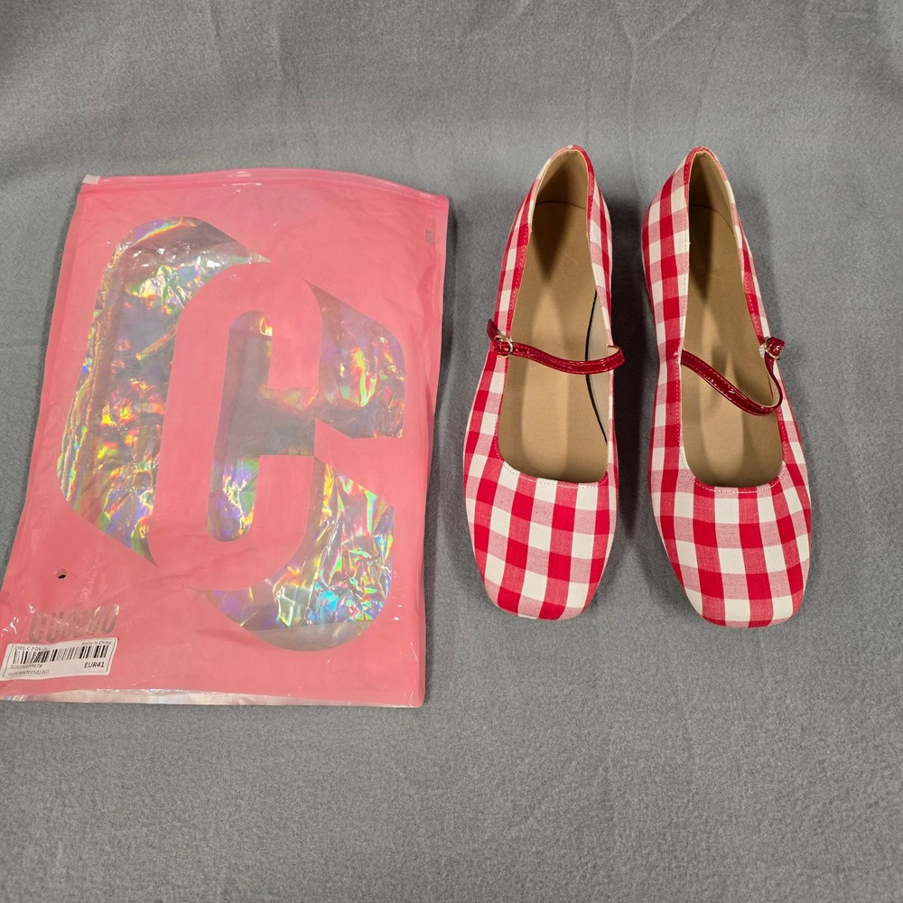 CUCCOO Red Gingham Mary Jane Flats Square Toe Checkered Shoes EUR 41/US 9.5-10